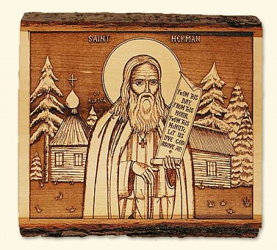 Woodcut Icon of St Herman with his famous 'word'.
