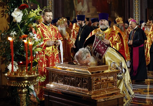 Patriarch Kyrill of Moscow and All Russia venerates the Relics of St Nicholas at Christ the Saviour Cathedral in Moscow